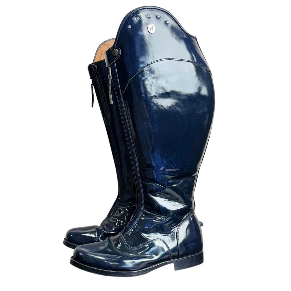 La Mundial sz 8 Dressage Boots in Patent Navy. Short Height/ Extra Wide Calf